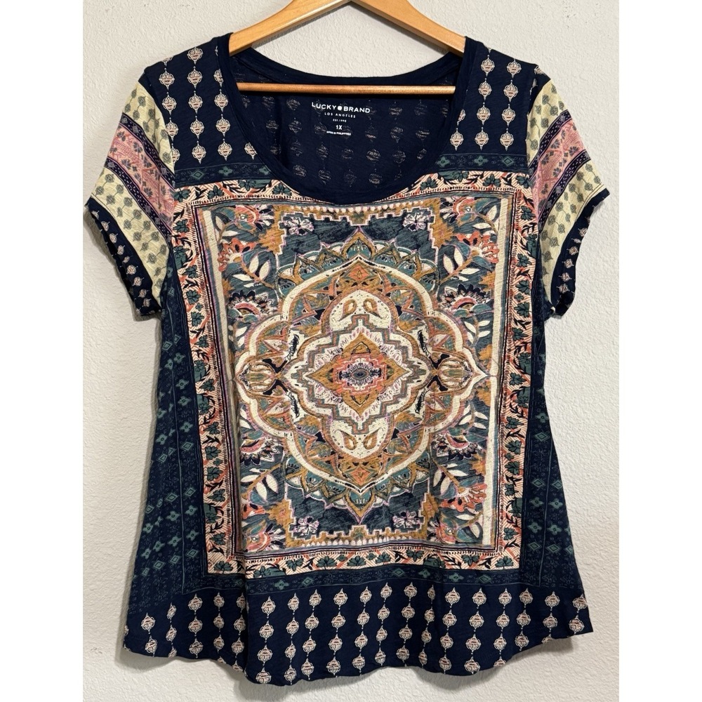 Lucky Brand Women's Boho‎ Top 1X Hippie Peasant Short Sleeve Colorful Pin-Tuck